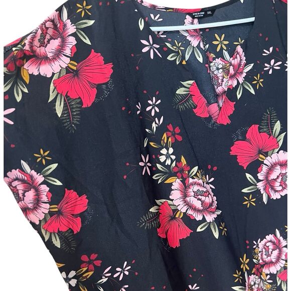 Black Tropical Floral Batwing Dolman Short Sleeves Shift Dress Size 3X - Picture 5 of 10